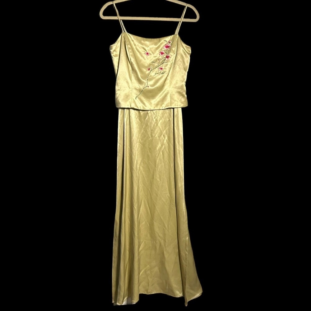 Vintage Yellow Satin Floral Embroidered Dress